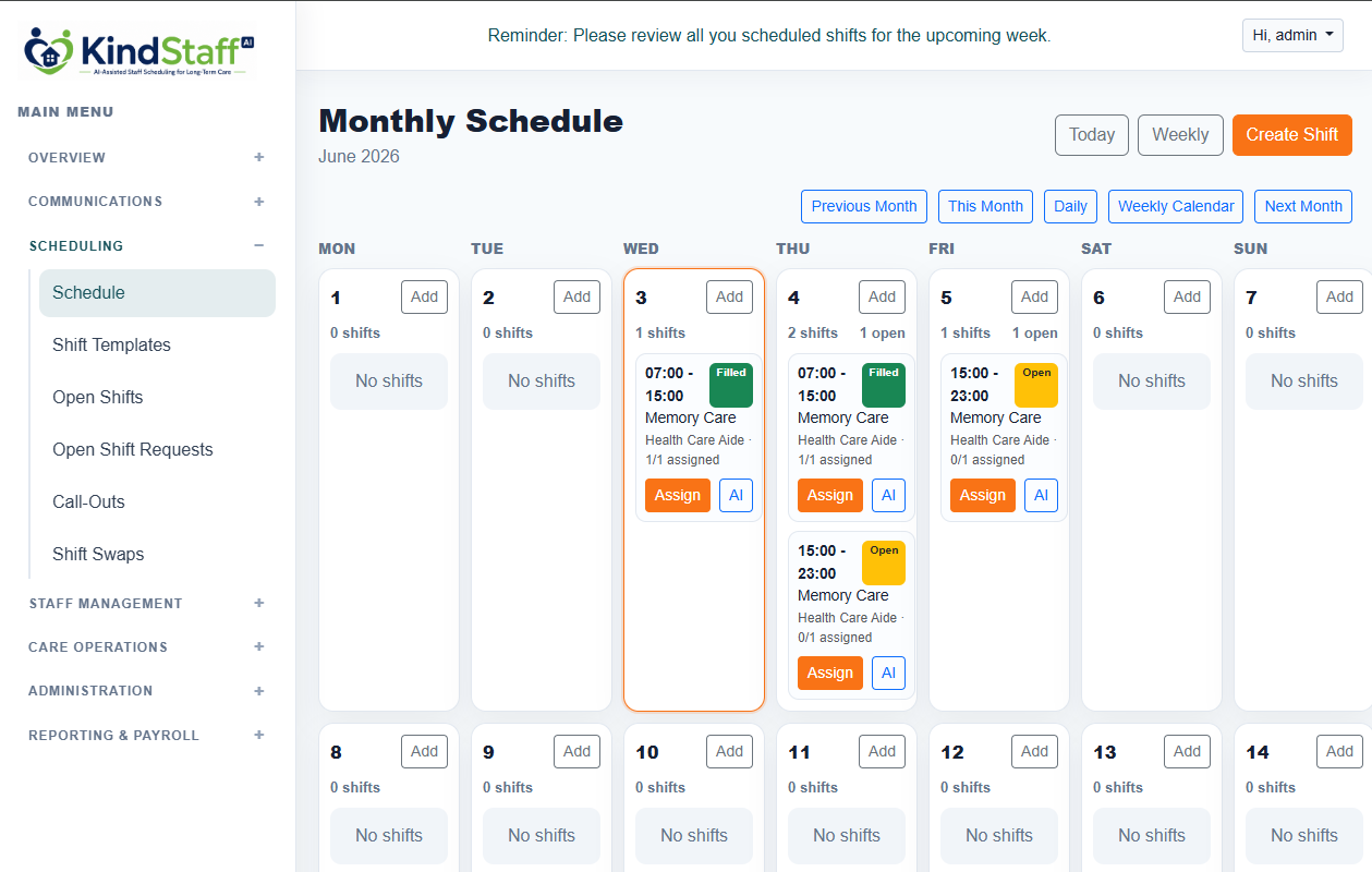 KindStaff scheduling dashboard screenshot